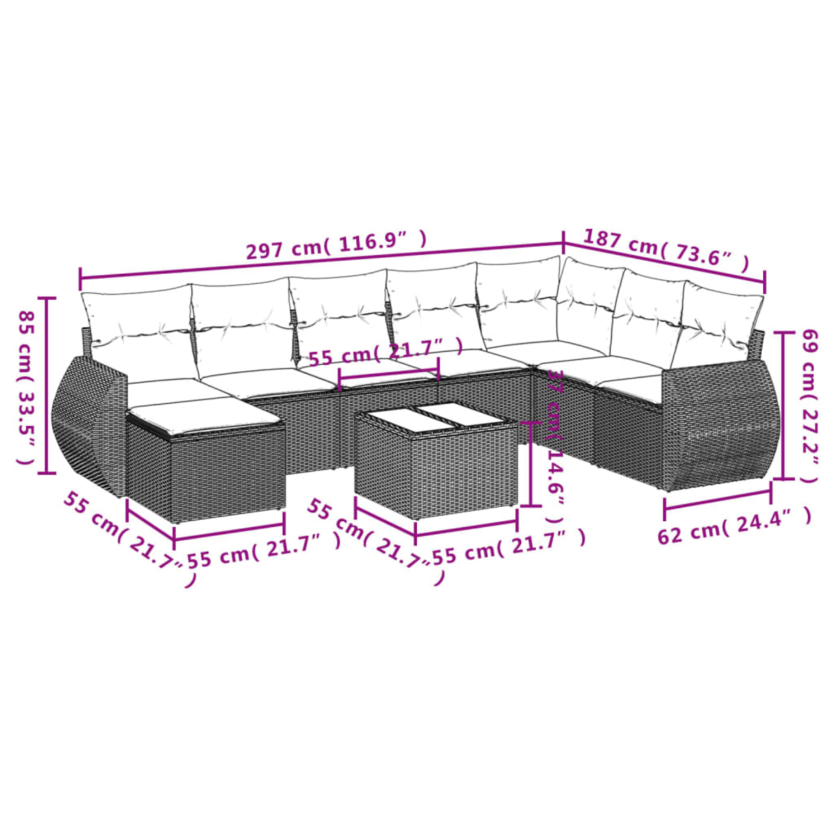 Ein Outdoor-Rattansofa mit Abmessungen. Es hat ein Ecksofa und einen kleinen quadratischen Tisch. Kissen und Maße sind dargestellt.