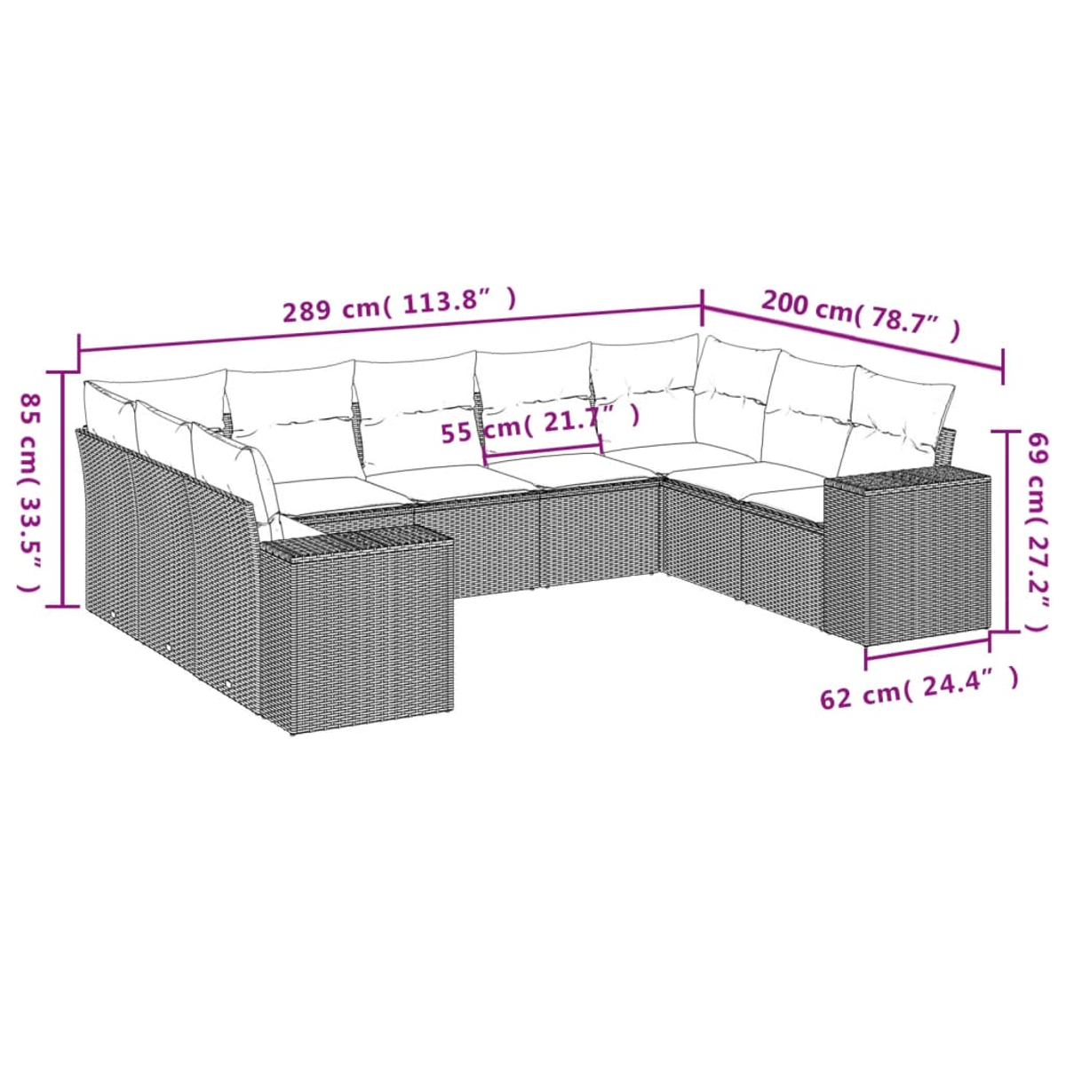 Ein U-förmiges Outdoor-Sofa mit Abmessungen. Das Sofa hat einen geflochtenen Korbrahmen und weiße Kissen. Verschiedene Maße sind beschriftet.