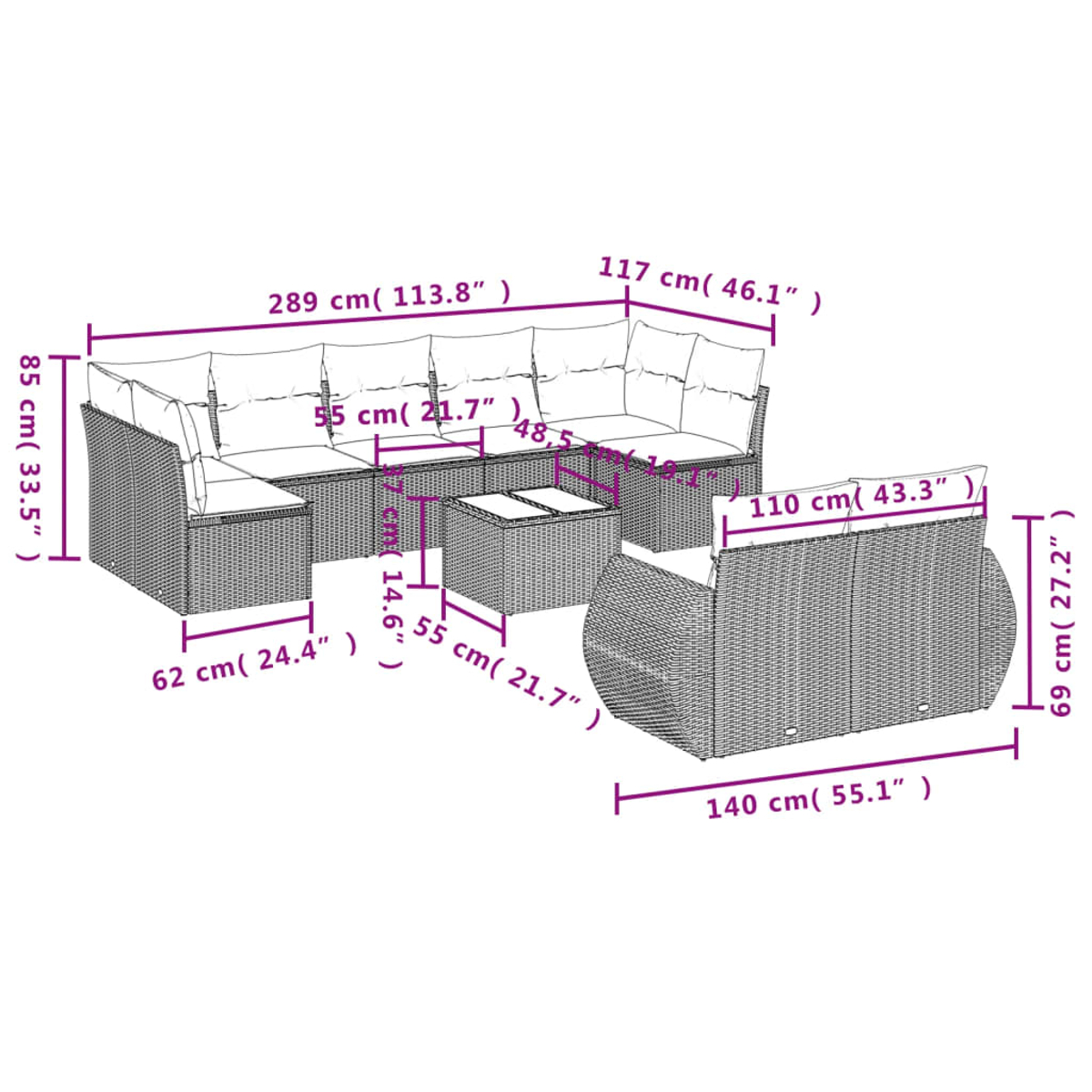 Ein Diagramm zeigt ein Ecksofa aus Rattan mit Abmessungen. Enthält einen Tisch und ein gebogenes Sofa, alle mit Größenangaben in cm und Zoll.