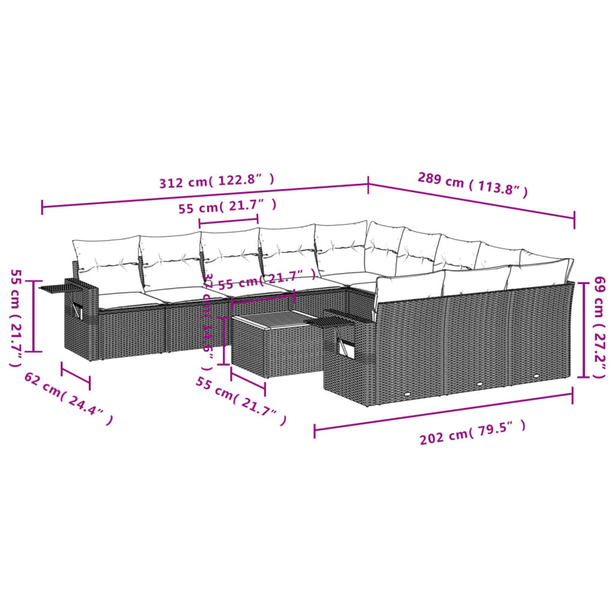 Ein Diagramm eines Rattan-Outdoor-Ecksofas und -Couchtisches, mit Abmessungen in Zentimetern und Zoll.