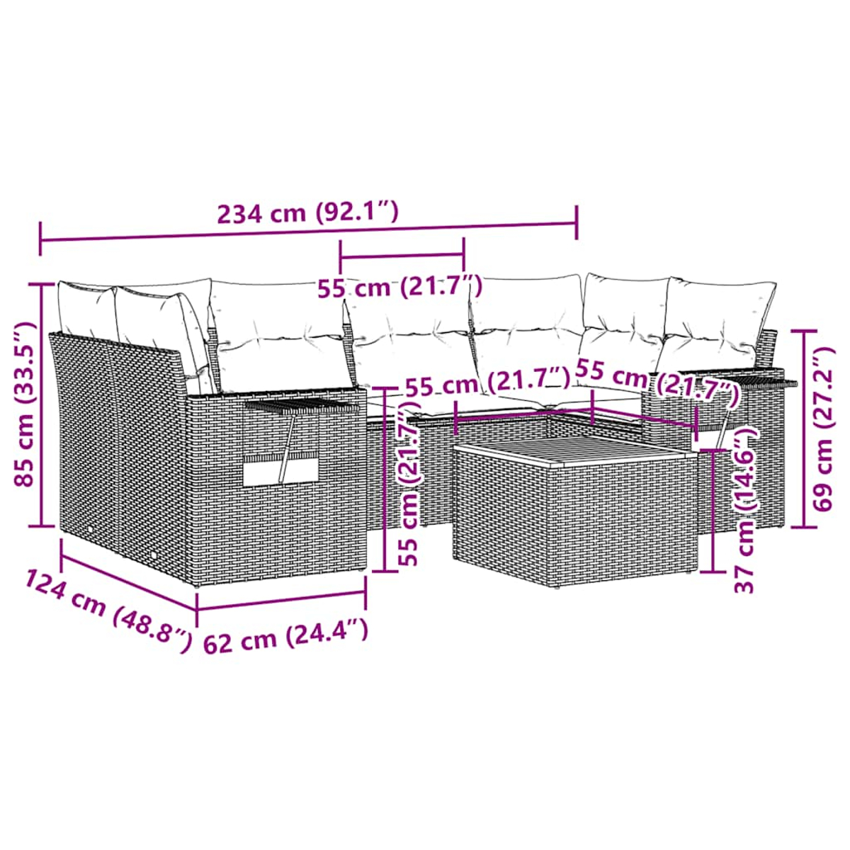 Geflochtenes Outdoor-Ecksofa mit Maßangaben. Maße umfassen Länge, Breite und Höhe des Sofas und seiner Teile.