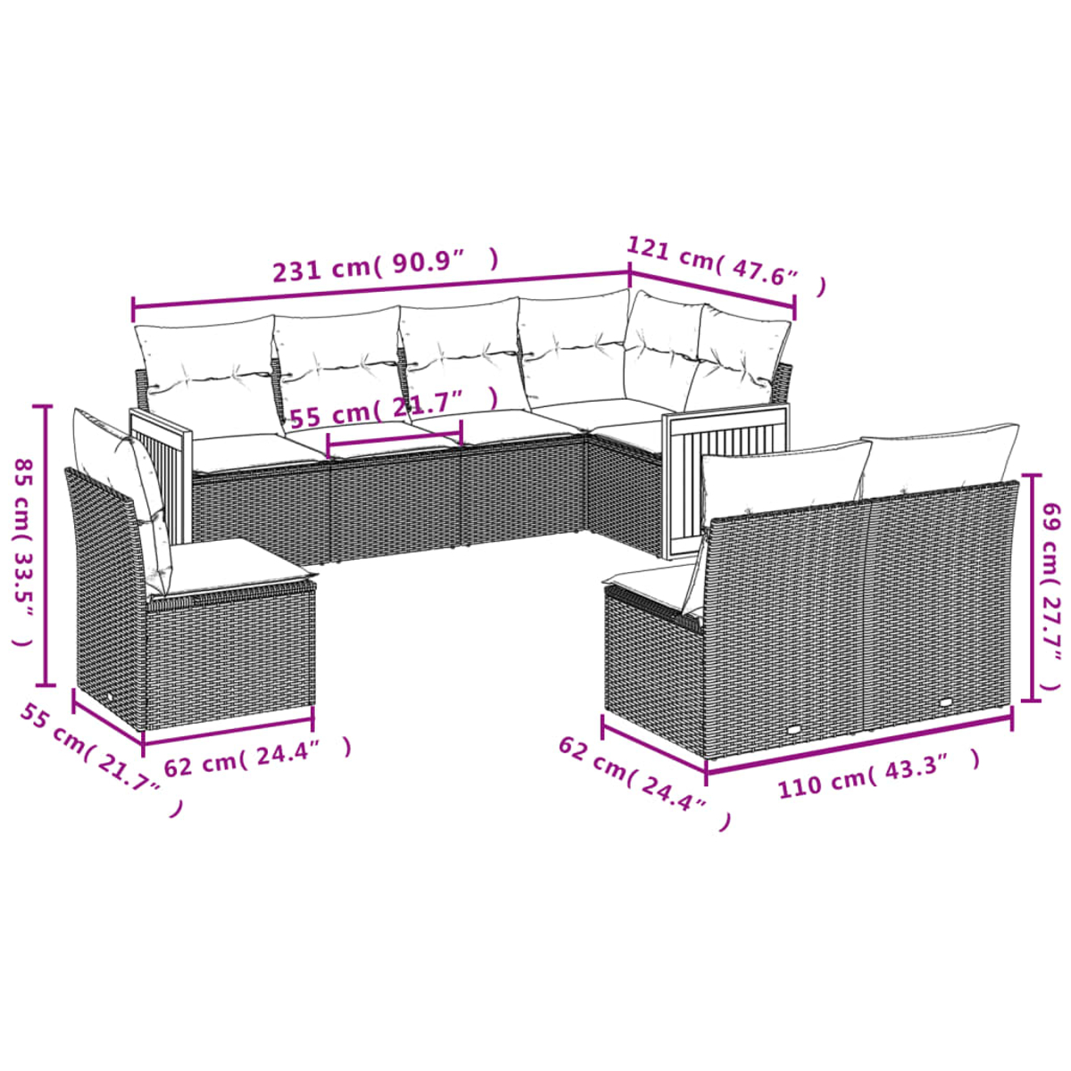 Ein Ecksofa-Set für den Außenbereich aus Rattan mit Maßangaben. Es umfasst ein langes Sofa, einen kleinen Stuhl und ein Zweisitzer-Sofa.