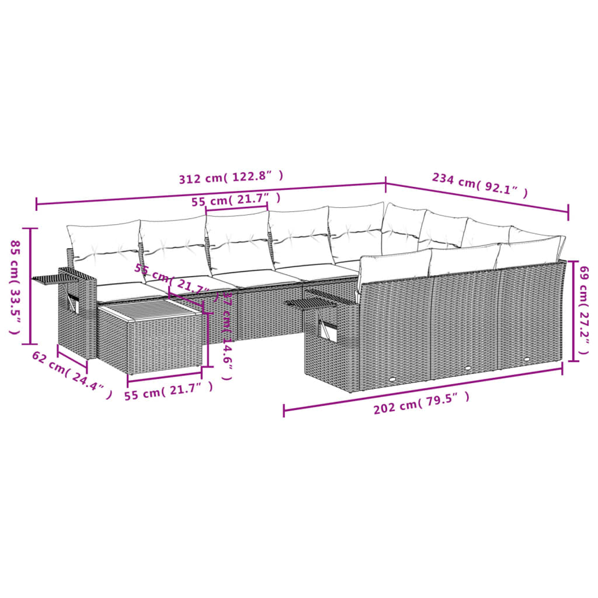 Outdoor-Ecksofa aus Korbgeflecht mit Kissen. Maße sind in Zentimetern und Zoll angegeben.