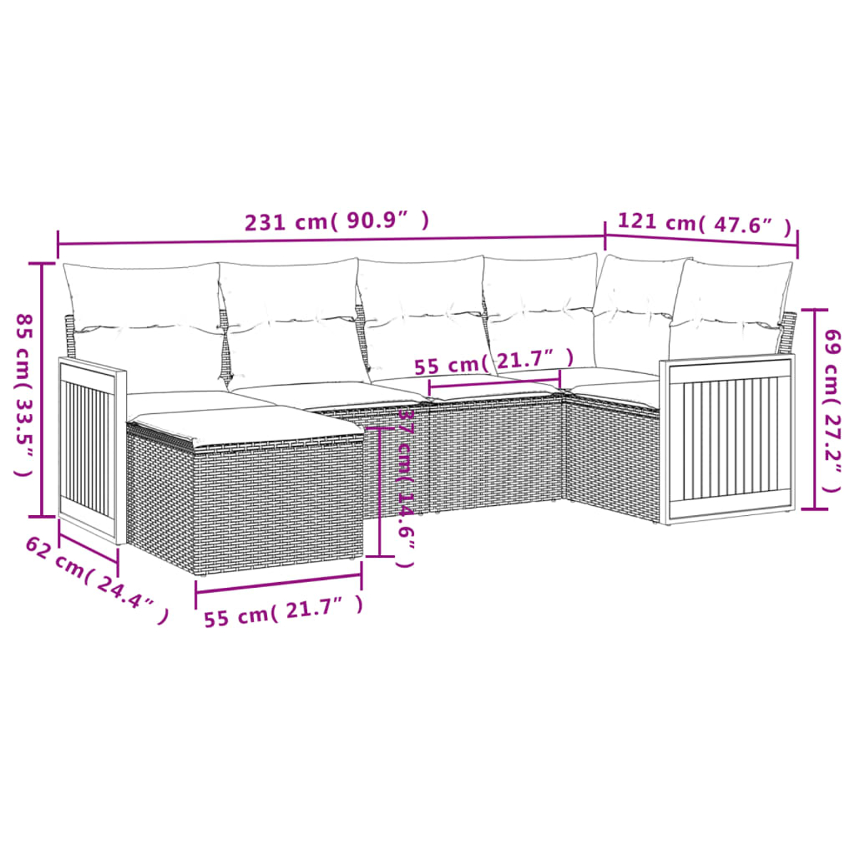 Ein Diagramm zeigt ein Ecksofa aus Korbgeflecht mit Maßen in cm und Zoll. Es hat Kissen und Armlehnen an den Seiten.