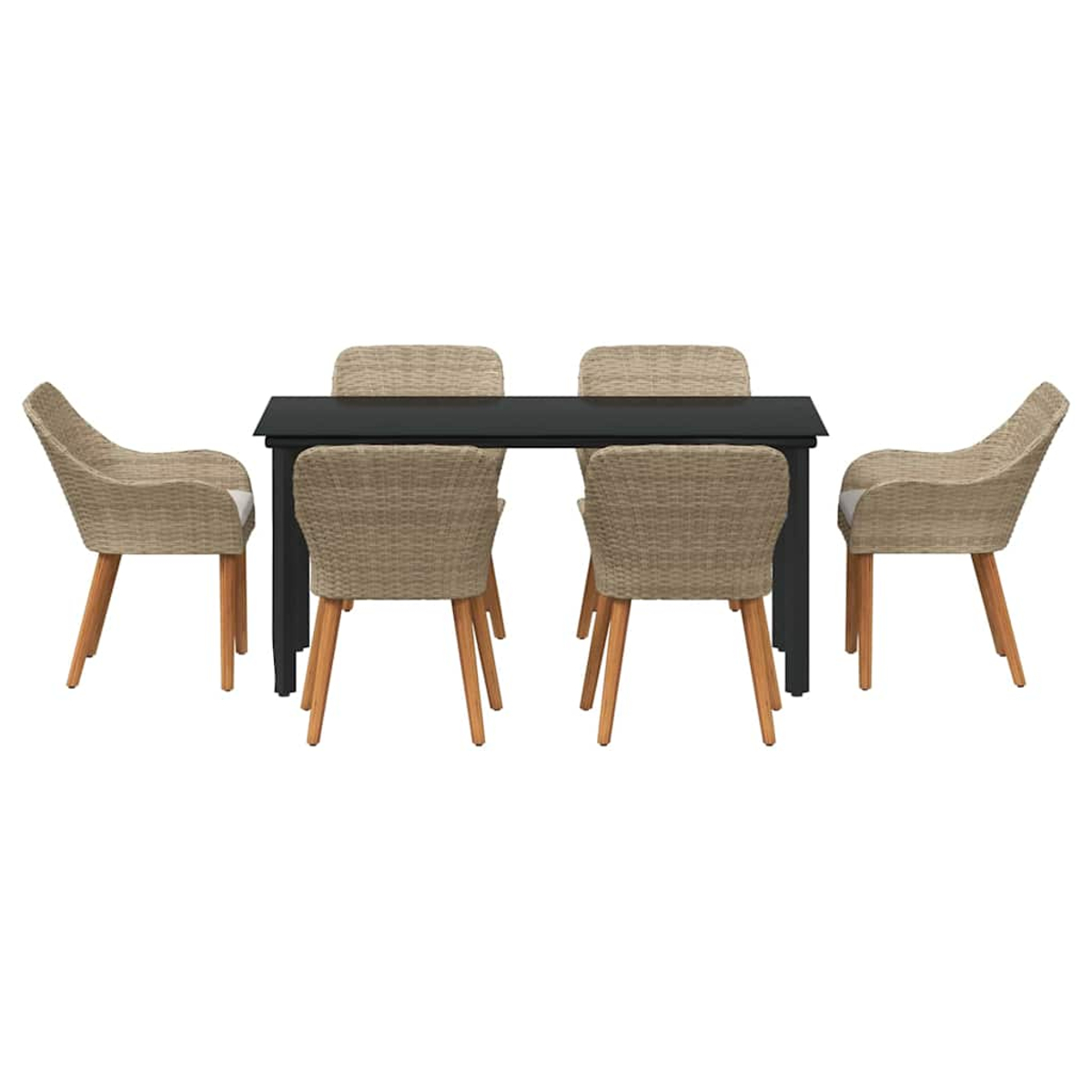 Ein schwarzer rechteckiger Tisch mit sechs gewebten Stühlen. Die Stühle haben Holzbeine und beige gewebte Rückenlehnen und Sitze.