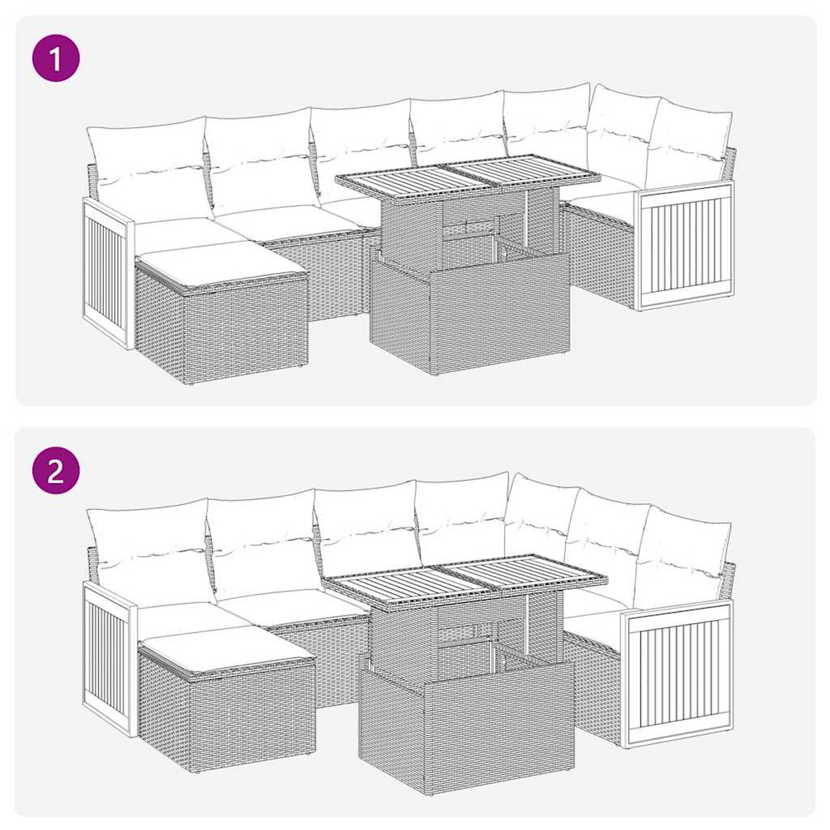 Zwei Diagramme zeigen Outdoor-Möbelsets. Jedes hat ein Ecksofa, einen Tisch und einen Hocker. Das Design ist weidenähnlich.
