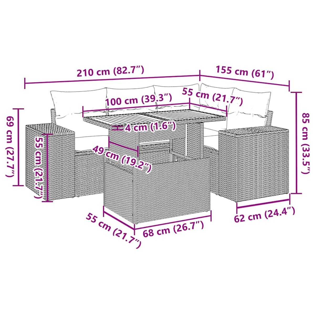 Diagramm eines Gartenmöbelsets. Es umfasst einen Tisch, zwei Stühle und ein Sofa, mit Abmessungen in cm und Zoll.