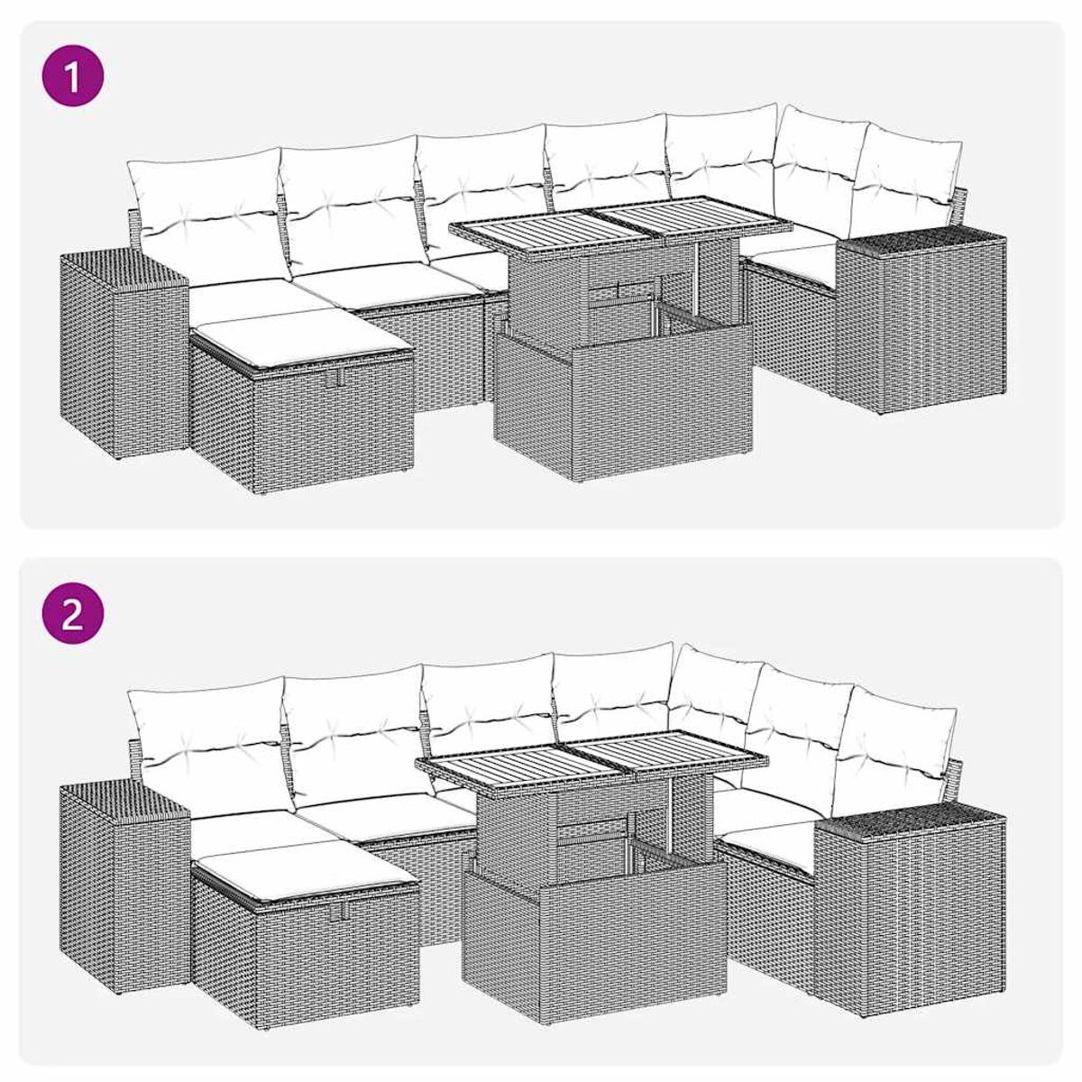 Zwei ähnliche Diagramme von Ecksofas für den Außenbereich mit einem ansteigenden Tisch in der Mitte. Jedes hat Kissen und Korbflecht-Details.