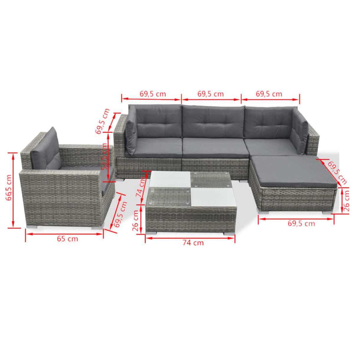 Ein Outdoor-Möbelset ist abgebildet. Es beinhaltet ein Sofa, einen Stuhl, einen Hocker und einen Couchtisch. Maße sind angegeben.