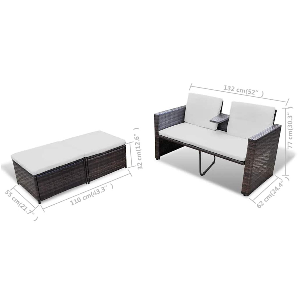 Geflochtenes Outdoor-Möbelset mit Maßen. Enthält ein Sofa und eine Fußstütze, beide mit weißen Kissen.