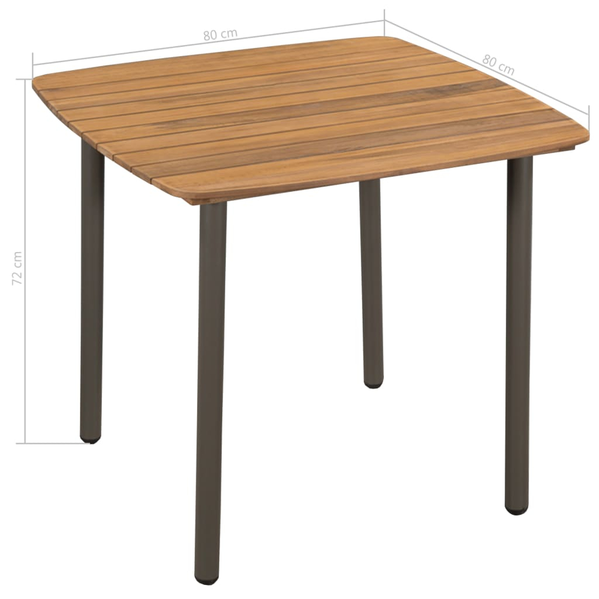 Ein quadratischer Holztisch mit braunen Beinen. Die Abmessungen betragen 80x80x72cm. Der Tisch ist leer und steht vor einem weißen Hintergrund.