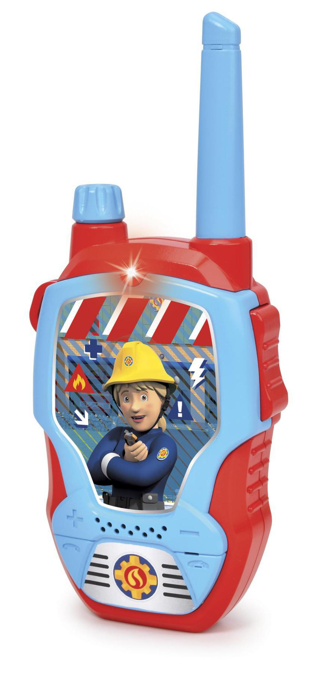Ein Spielzeug-Walkie-Talkie mit einem Feuerwehrmann-Bild. Es ist rot, blau und weiß. Ein Feuerwehrmann befindet sich in der Mitte des Bildschirms.