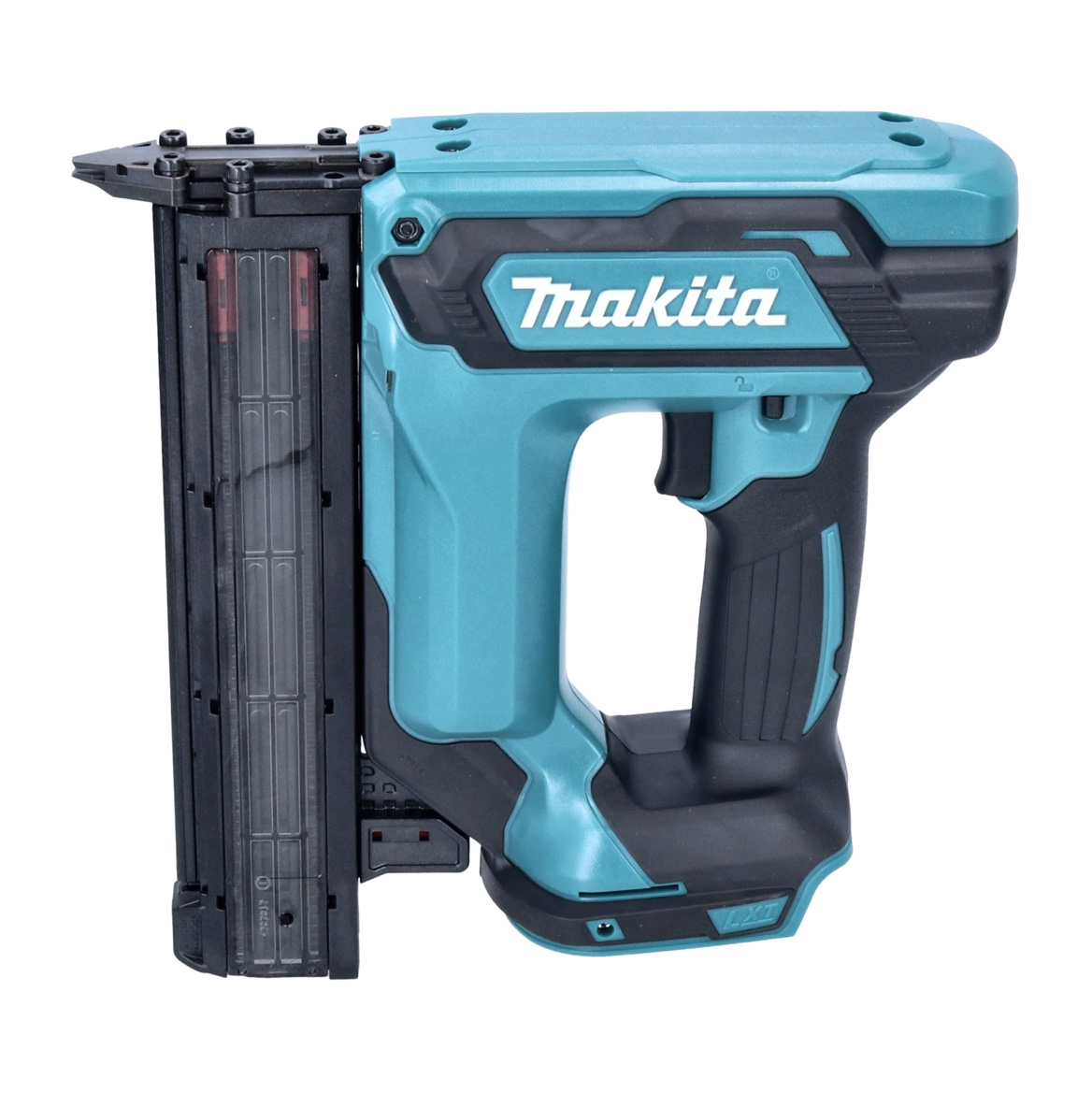 Eine türkisblaue und schwarze Makita-Nagelmaschine wird auf weißem Hintergrund gezeigt. Sie hat einen Griff und ein Magazin für Nägel. Das Makita-Logo ist sichtbar.