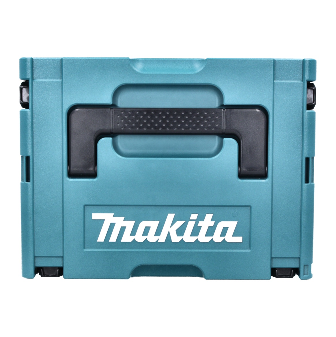 Eine türkisfarbene Makita-Werkzeugkiste mit schwarzem Griff. Das Makita-Logo ist weiß. Die Box steht auf weißem Hintergrund.