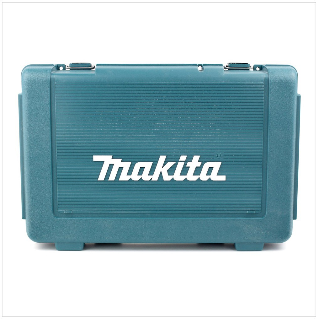 Türkisgrüner Makita-Werkzeugkasten auf weißem Hintergrund. Die Box ist rechteckig mit geriffelter Vorderseite und dem Makita-Logo.