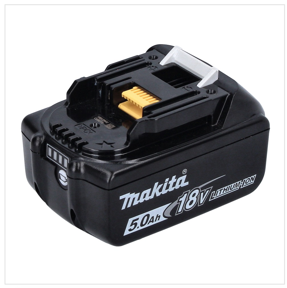 Ein schwarzes Makita 18V 5,0 Ah Lithium-Ionen-Akkupack. Es hat einen gelben Stecker, weiße Akzente und eine Batteriestandsanzeige.
