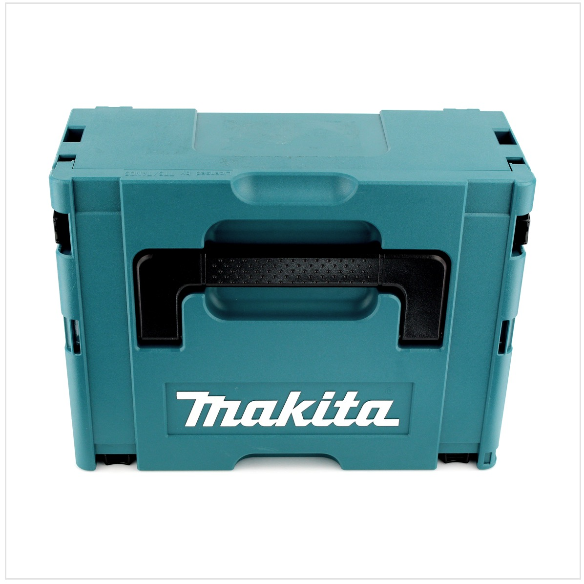 Eine teal Makita Werkzeugkiste, Vorderansicht. Sie hat einen schwarzen Griff und den Markennamen in Weiß. Der Hintergrund ist weiß.