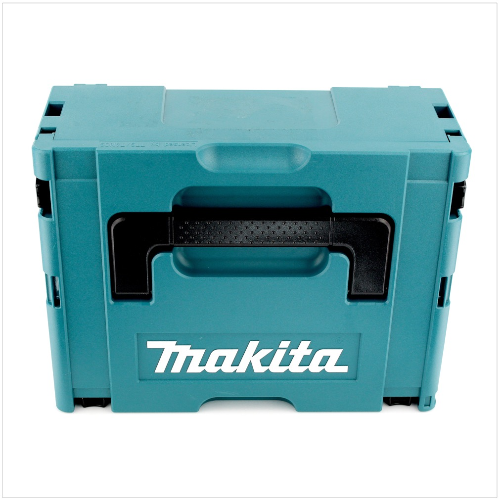 Eine türkisfarbene Makita-Aufbewahrungsbox mit schwarzem Griff. Das Makita-Logo ist weiß. Die Box ist geschlossen und steht auf weißem Hintergrund.
