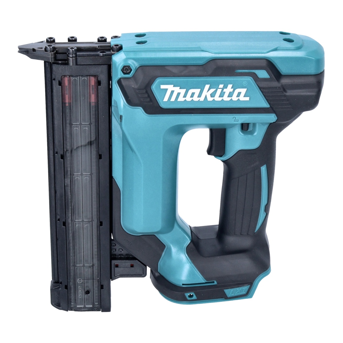 Eine kabellose Makita-Nagelpistole. Sie ist türkis und schwarz, mit dem Makita-Logo an der Seite. Die Nagelpistole befindet sich auf weißem Hintergrund.