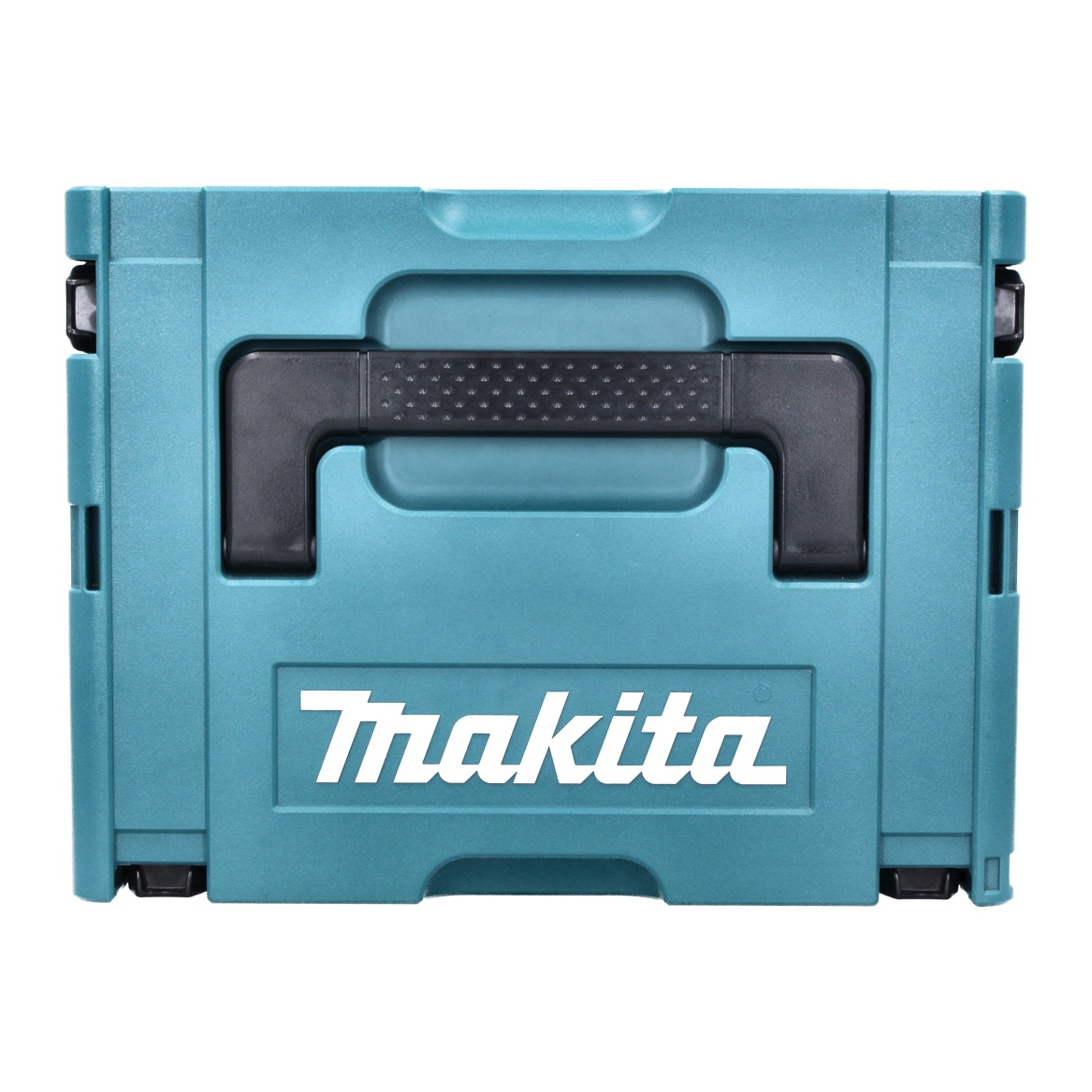 Eine türkisfarbene Makita-Werkzeugbox mit schwarzem Griff und Makita-Logo. Die Box ist geschlossen, der Hintergrund ist weiß.