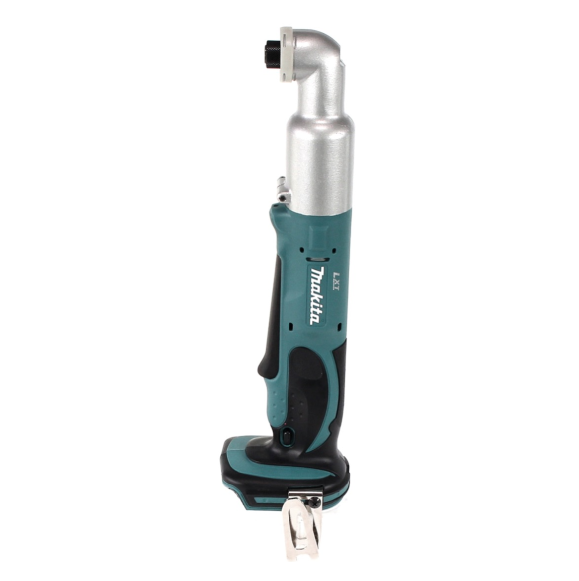 Ein kabelloser Makita LXT-Winkel-Schlagschrauber. Er ist türkis, schwarz und silberfarben und hat einen Metallclip.