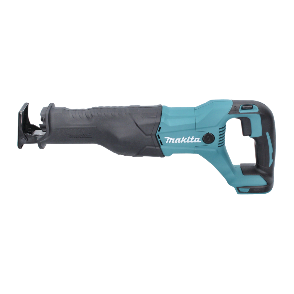 Eine Makita Säbelsäge auf weißem Hintergrund. Sie hat ein türkis-schwarzes Gehäuse und das Makita-Logo.