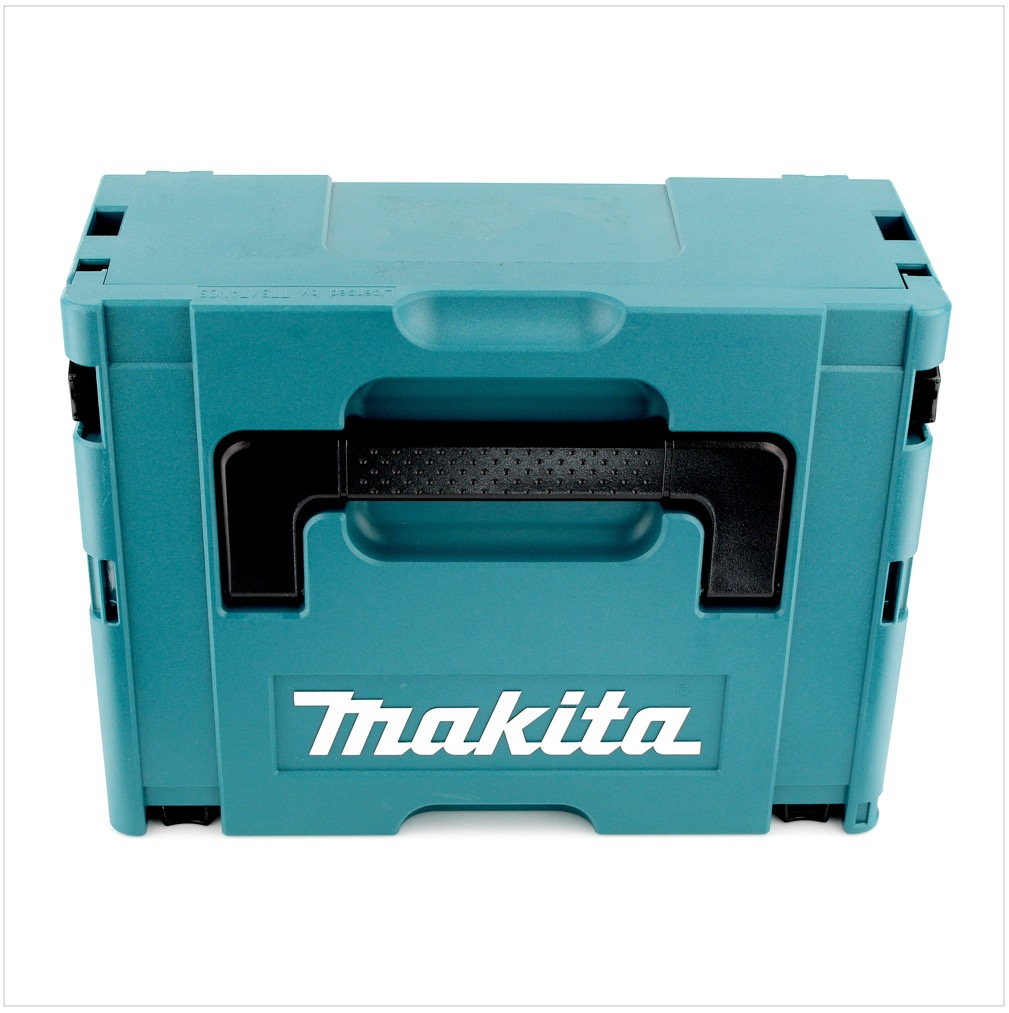 Eine türkisfarbene Makita-Werkzeugkiste, Vorderansicht. Sie hat einen schwarzen Griff und das Makita-Logo in Weiß.