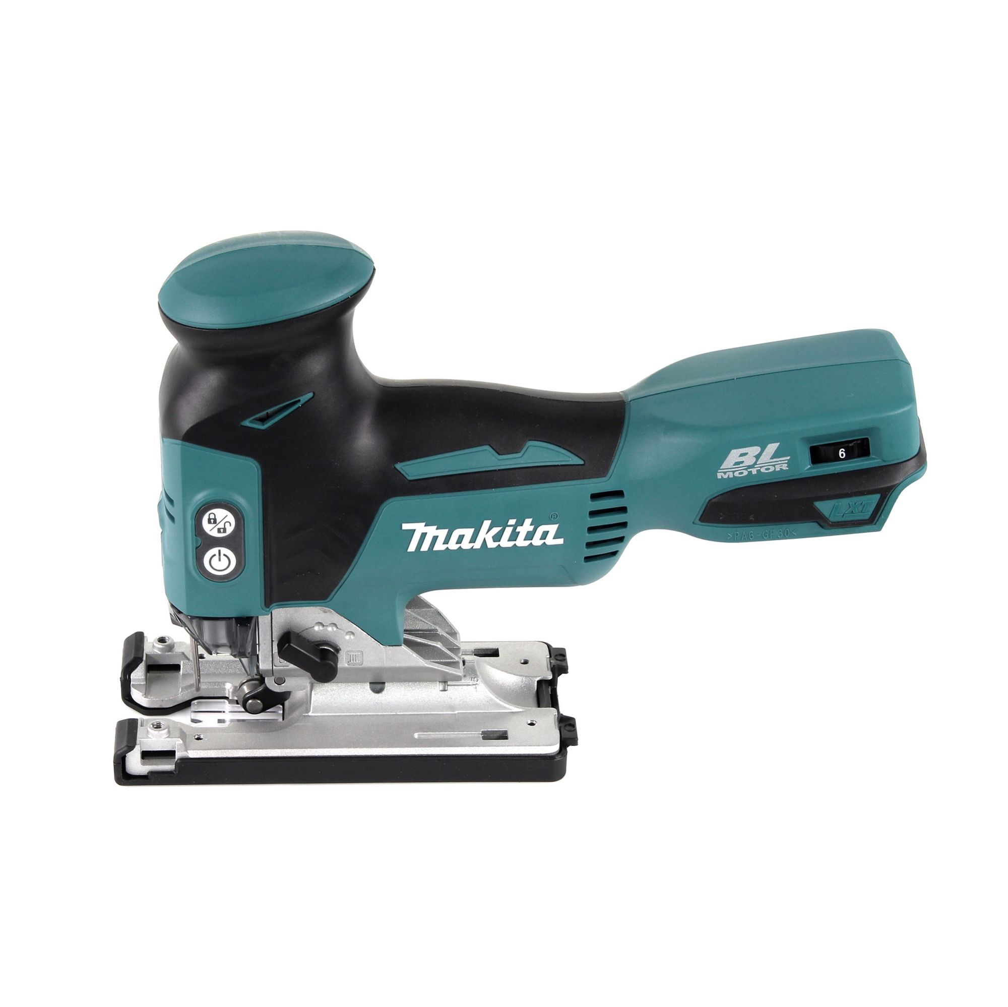 Eine teal-schwarze Makita-Stichsäge auf weißem Hintergrund. Sie hat das Makita-Logo und einen Ein-/Ausschalter.