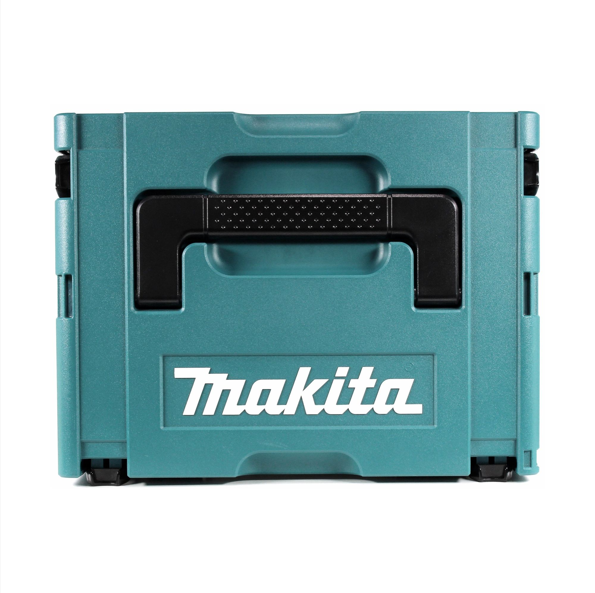 Eine teal Makita-Werkzeugkiste mit schwarzem Griff und dem weißen Makita-Logo auf der Vorderseite. Vor weißem Hintergrund.