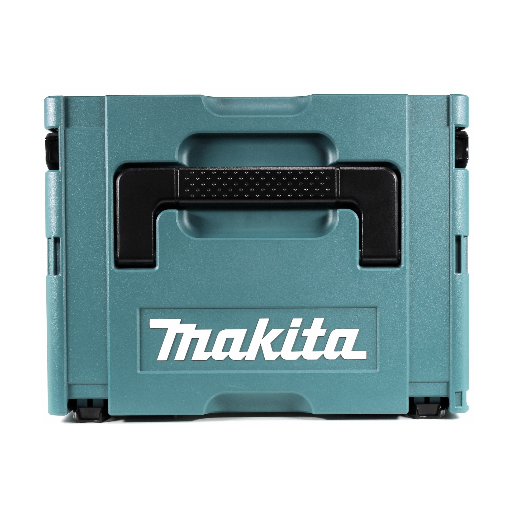 Eine teal Makita Werkzeugkiste mit schwarzem Griff und dem Makita-Logo. Es ist auf weißem Hintergrund.