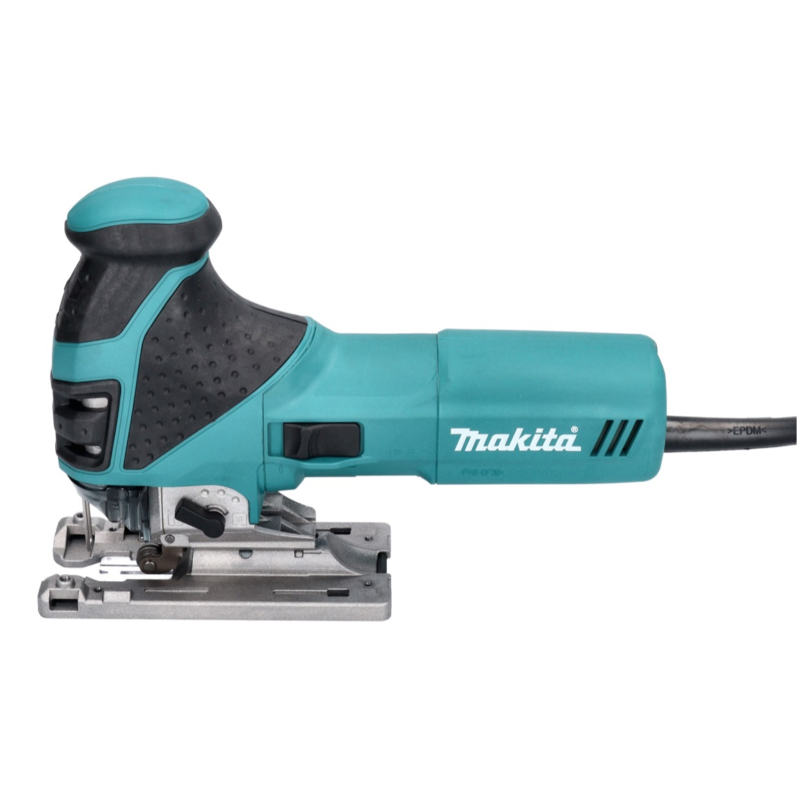Eine teal- und schwarze Makita-Stichsäge auf weißem Hintergrund. Die Stichsäge hat eine silberne Basis und ein schwarzes Netzkabel.