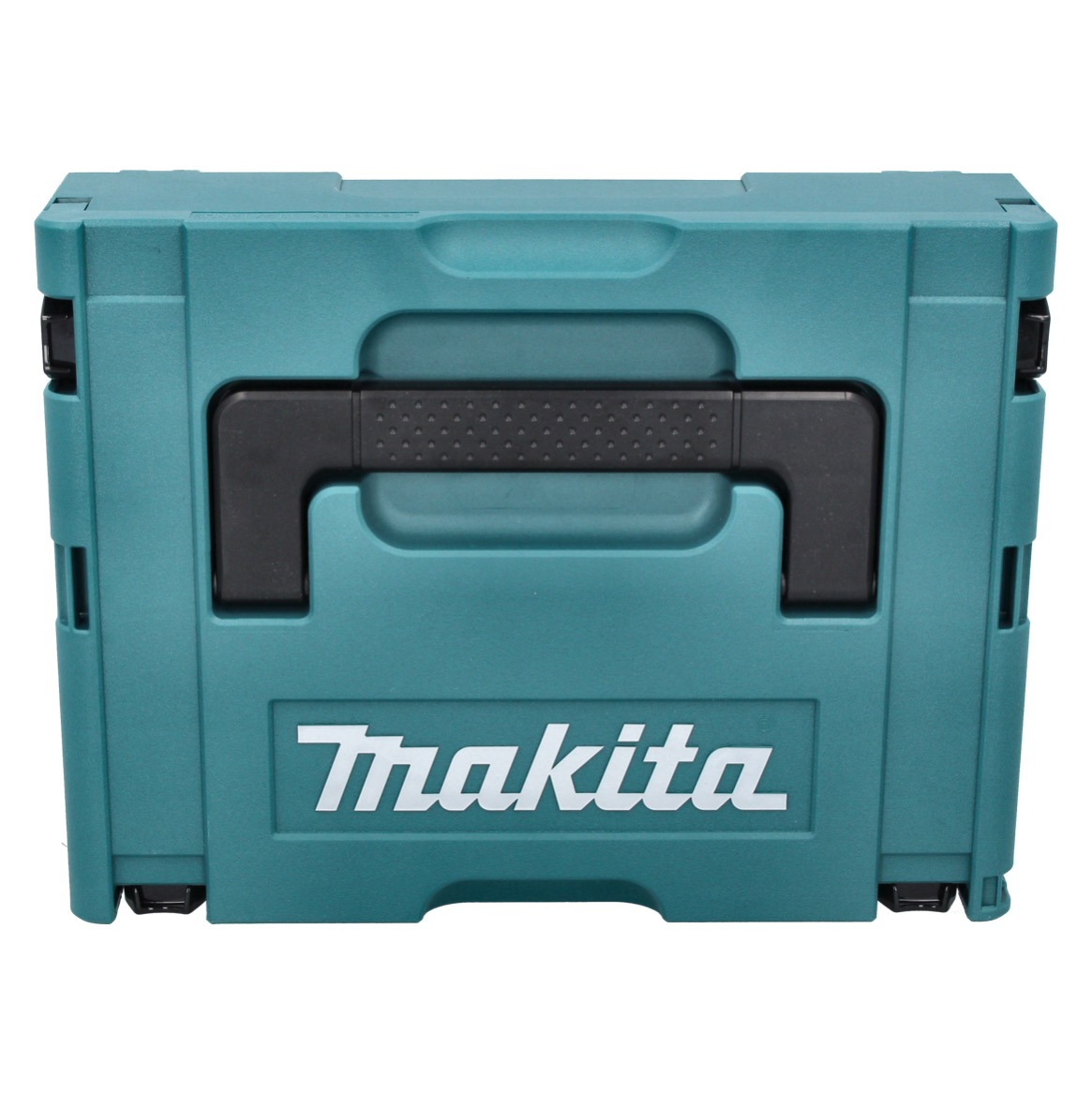 Eine türkisfarbene Makita-Werkzeugbox mit schwarzem Griff. Das Makita-Logo ist in Weiß auf der Vorderseite zu sehen.