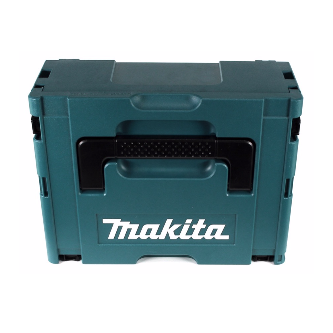Eine teal Makita Werkzeugkiste ist auf weißem Hintergrund zentriert. Sie hat einen schwarzen Griff und das Makita-Logo in Weiß.