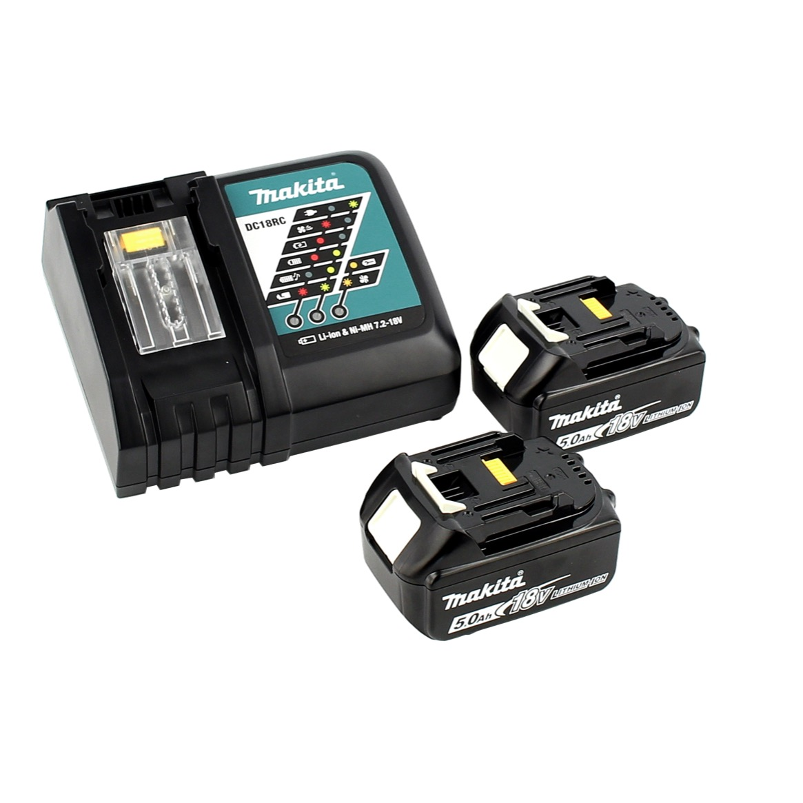Makita-Batterieladegerät und zwei Batterien. Das Ladegerät ist schwarz mit einem tealfarbenen Etikett. Batterien sind schwarz mit weißen und gelben Details.
