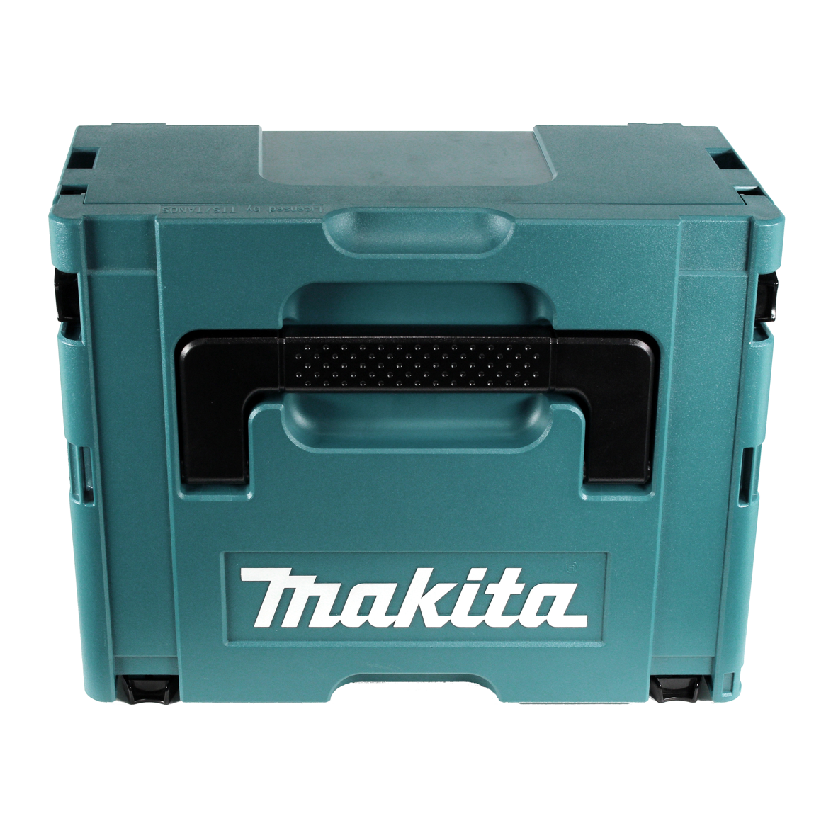 Eine türkisfarbene Makita-Werkzeugkiste. Sie hat einen schwarzen Griff und das Makita-Logo in Weiß. Der Hintergrund ist weiß.