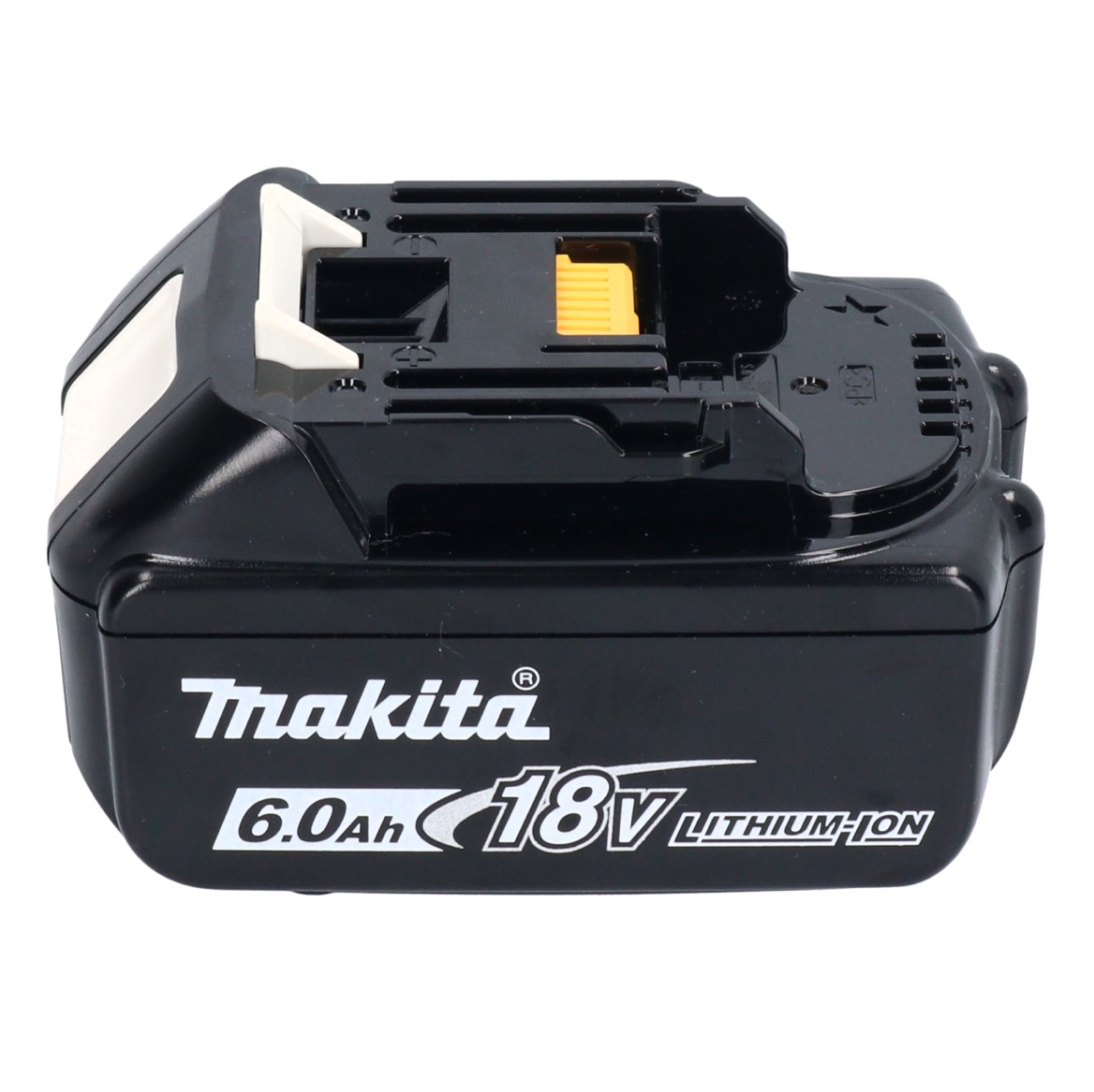 Ein schwarzer Makita 18V Lithium-Ionen-Akku. Er hat weiße und gelbe Akzente. Der Text "Makita" und Spezifikationen sind sichtbar.