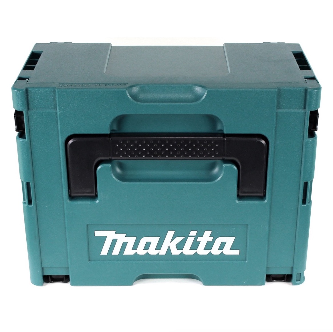 Eine türkisfarbene Makita-Werkzeugkiste mit schwarzem Griff und weißem Makita-Logo.