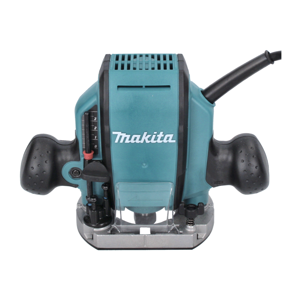 Ein türkis-schwarzer Makita-Router auf weißem Hintergrund. Der Router hat schwarze Griffe und ein Netzkabel. Makita-Logo sichtbar.