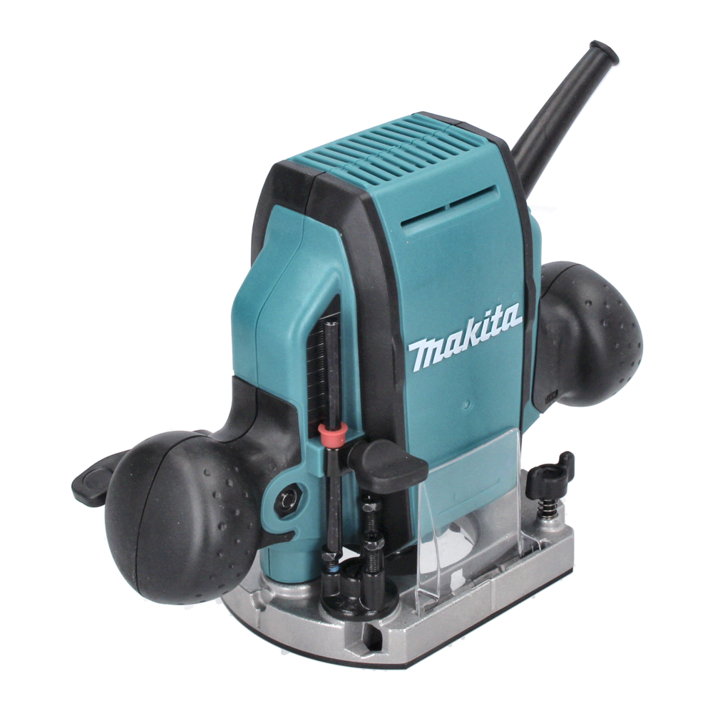 Ein teal-schwarzer Makita-Router auf weißem Hintergrund. Er hat Griffe, Einstellknöpfe und das Makita-Logo.