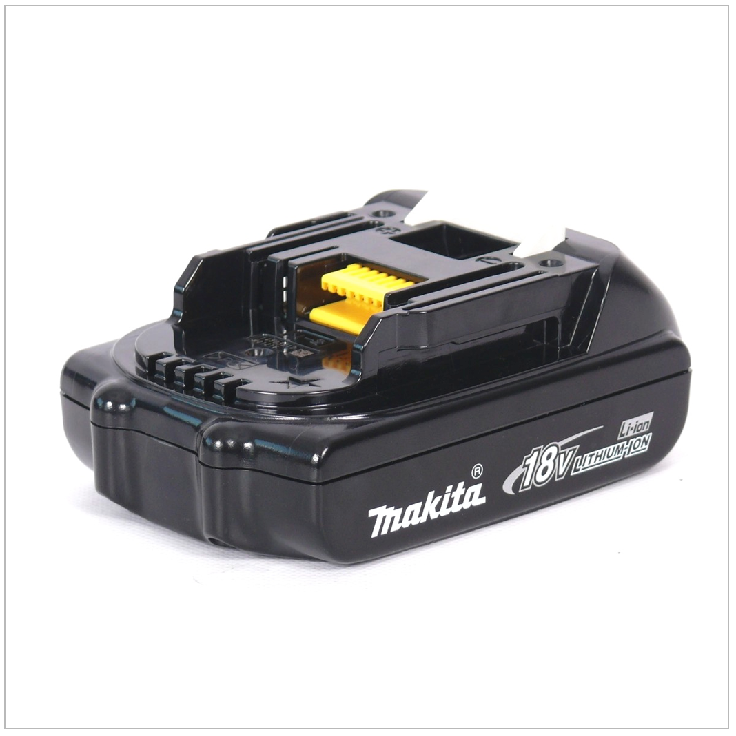 Ein schwarzer Makita 18V Lithium-Ionen-Akku. Er hat eine gelbe Komponente, und das Makita-Logo ist sichtbar.