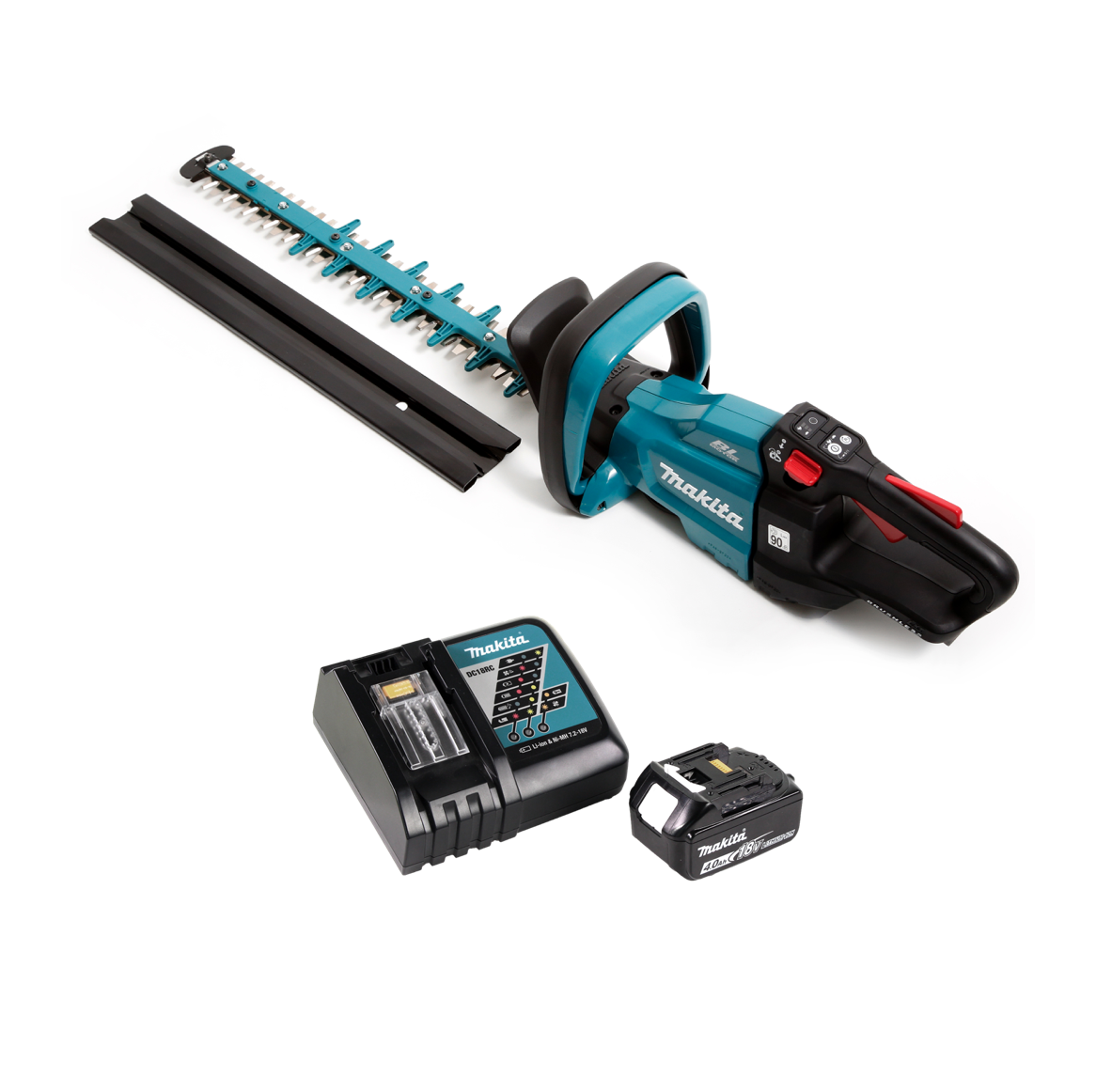 Makita Heckenschere mit Ladegerät und Akku auf Weiß. Trimmer ist türkis und schwarz. Akku und Ladegerät sind schwarz.