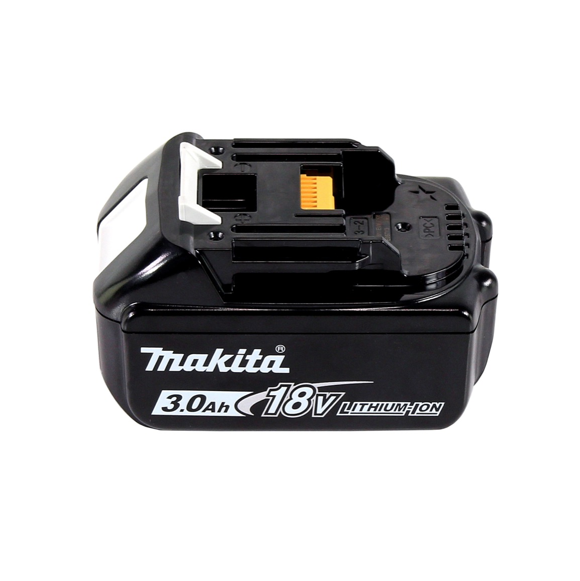 Ein schwarzer Makita 18V Lithium-Ionen-Akku. Weiße und gelbe Akzente sind sichtbar. Er hat das Makita-Logo und Kapazitätsinformationen.