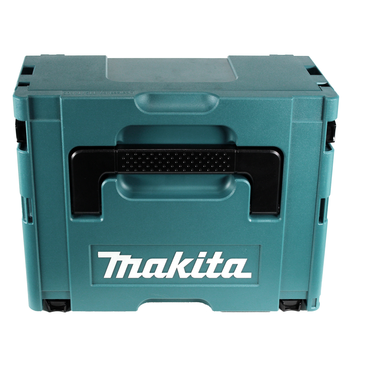 Eine tealfarbene Makita-Werkzeugkiste mit schwarzem Griff. Das Makita-Logo ist weiß. Die Box befindet sich auf weißem Hintergrund.
