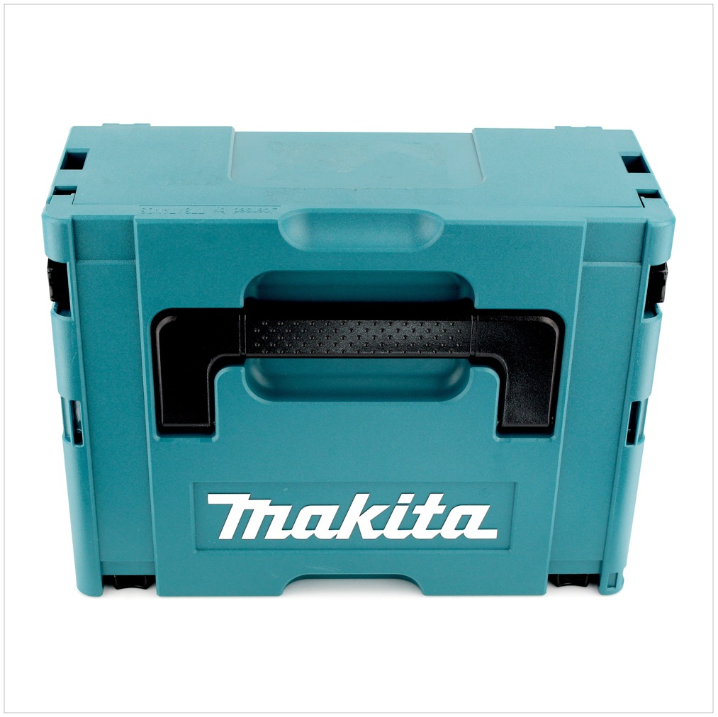 Eine türkisfarbene Makita-Werkzeugkiste mit schwarzem Griff und Logo. Sie befindet sich auf weißem Hintergrund.