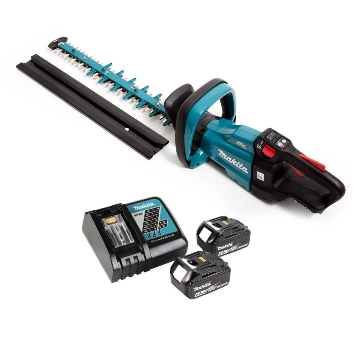 Makita Heckenschere-Set. Enthält Trimmer, Klinge, Ladegerät und zwei Akkus. Türkis und Schwarz auf weißem Hintergrund.