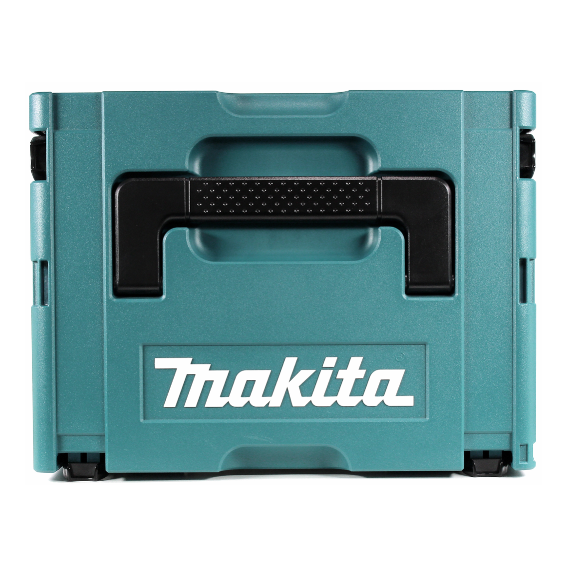 Eine türkisfarbene Makita-Werkzeugbox mit schwarzem Griff. Das Makita-Logo ist weiß. Die Box ist geschlossen und steht auf weißem Grund.