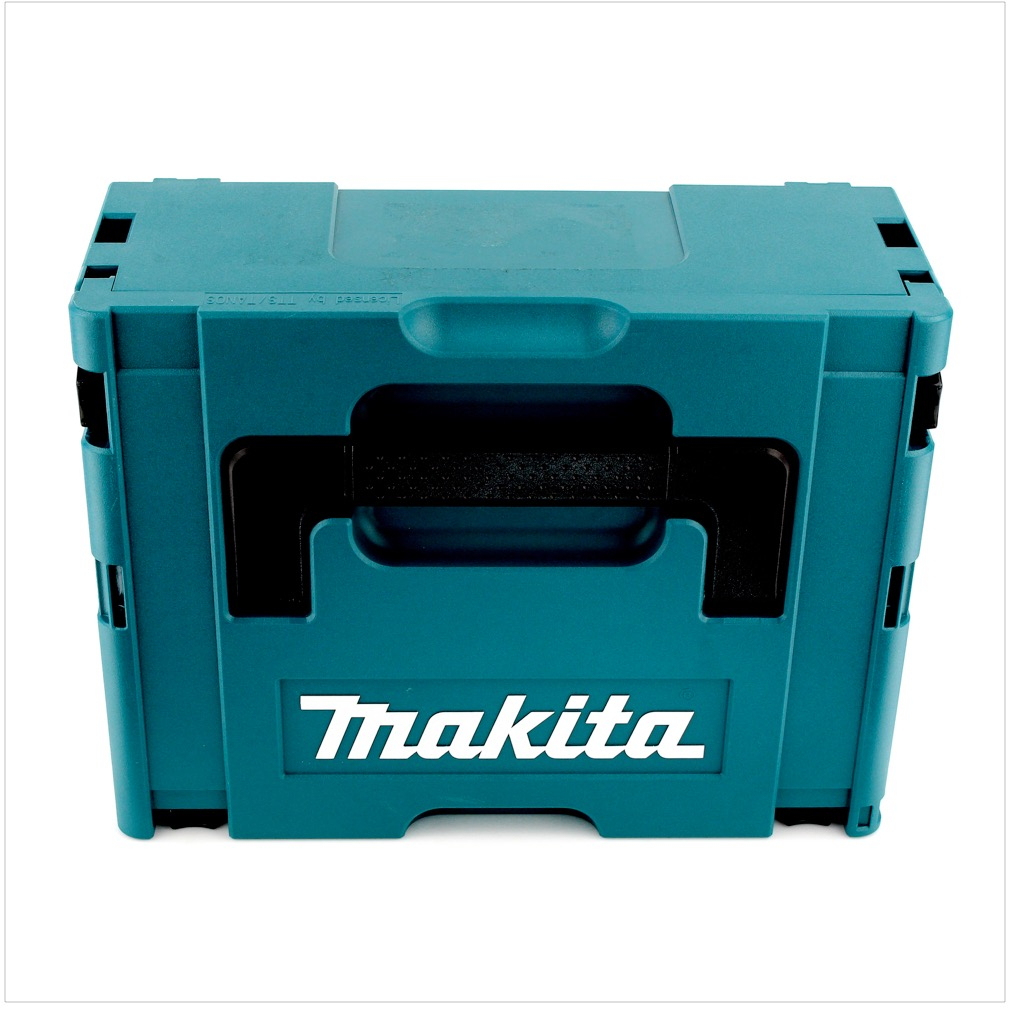 Eine türkisfarbene, faltbare Makita-Kiste. Das Logo ist weiß. Die Kiste hat einen schwarzen Griff und steht auf weißem Grund.