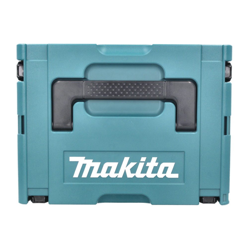 Eine türkisblaue Makita-Werkzeugkiste mit schwarzem Griff und dem Makita-Logo in Weiß. Der Hintergrund ist weiß.
