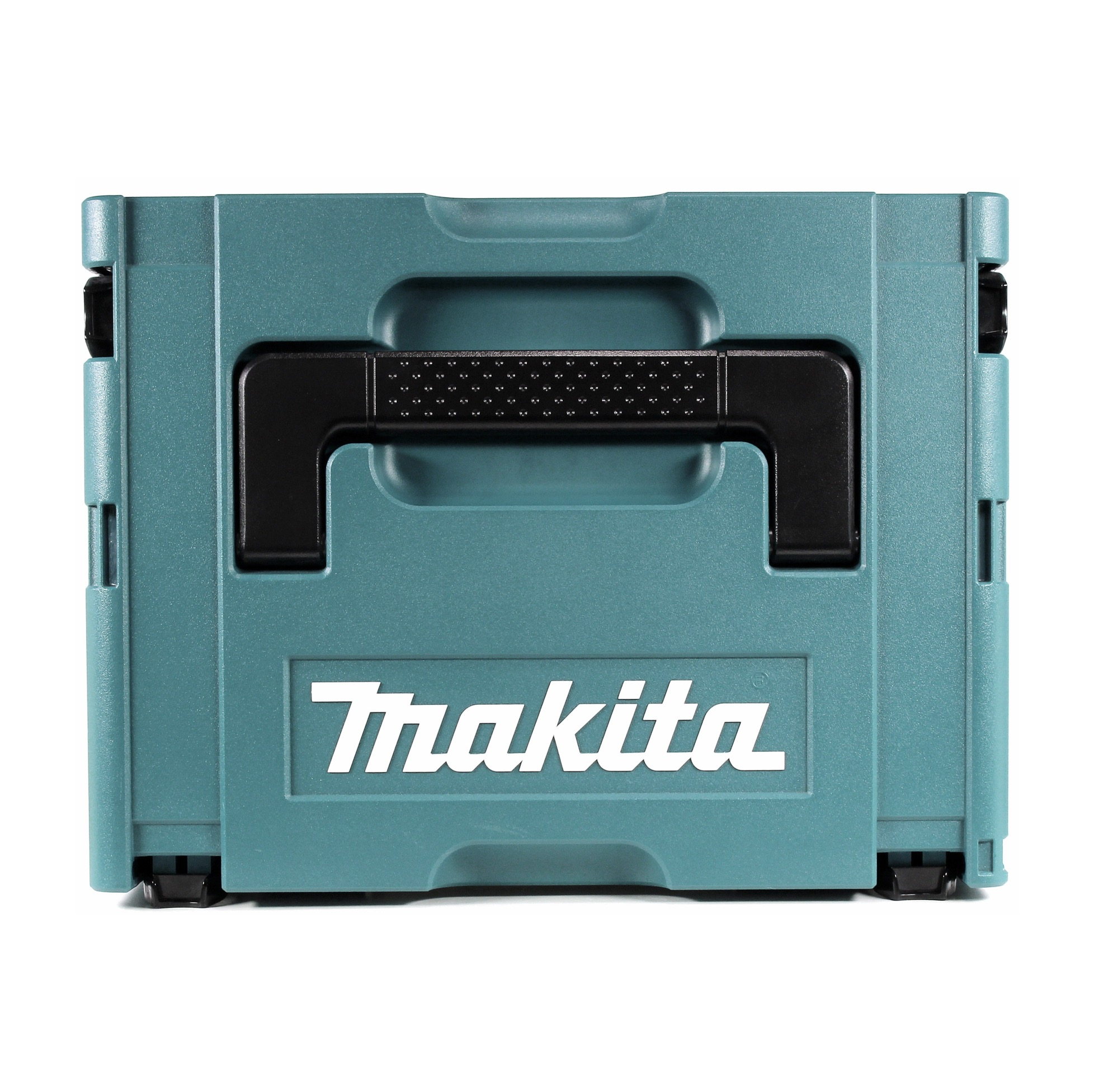 Eine türkisfarbene Makita-Werkzeugkiste mit schwarzem Griff und dem weißen Makita-Logo. Die Box ist geschlossen und auf weißem Hintergrund.