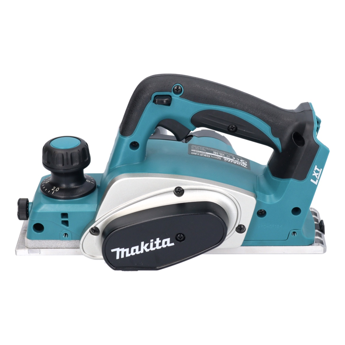 Eine teal- und silberfarbene elektrische Makita-Hobelmaschine auf weißem Hintergrund. Sie hat einen schwarzen Griff und einen schwarzen Knopf. Der Markenname ist sichtbar.